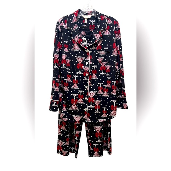 Soma Pajama Pants Set Large Short Black Red White Martini Glasses Polka Dots - Picture 1 of 10